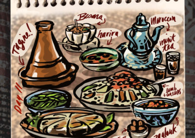 Our Moroccan meal of harira, bisara, bestilla, zaalouk, couscous and tagine.