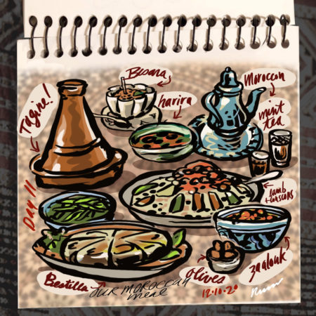 Our Moroccan meal of harira, bisara, bestilla, zaalouk, couscous and tagine.