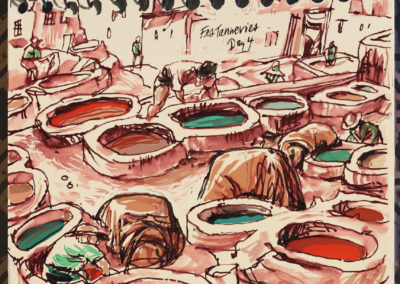 The odiferous vats of colored dye at the Chouara Tannery in Fez, Morocco