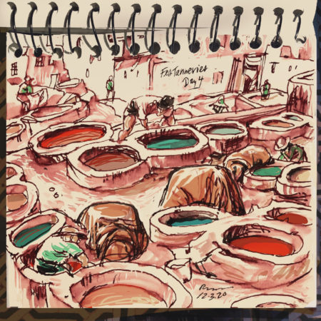 The odiferous vats of colored dye at the Chouara Tannery in Fez, Morocco