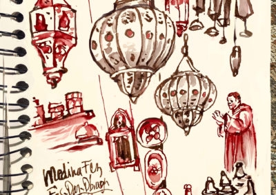 In ancient Medina of Fes, Morocco you’ll find stalls selling tin lamps, copper pots and hand-painted ceramic