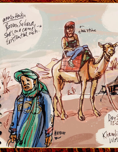 Sahara Christine on a camel, Khemliya, Er Rachidia, Morocco