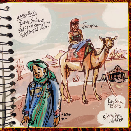 Sahara Christine on a camel, Khemliya, Er Rachidia, Morocco