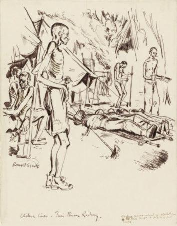 Sick and Dying: Cholera Lines, Thai-Burma Railway, 1943. Malnourished and imprisoned soldiers stand around bamboo stretchers lying on the ground, each containing the corpse of a cholera victim tightly wrapped and bound in a cloth at the Changi Prison Camp. Source: Imperial War Museums