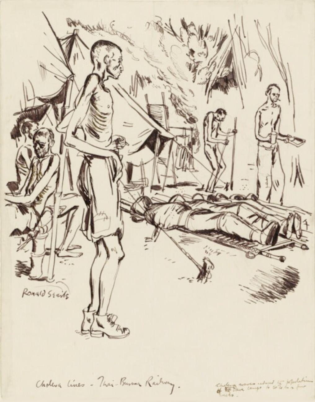 Sick and Dying: Cholera Lines, Thai-Burma Railway, 1943. Malnourished and imprisoned soldiers stand around bamboo stretchers lying on the ground, each containing the corpse of a cholera victim tightly wrapped and bound in a cloth at the Changi Prison Camp. Source: Imperial War Museums