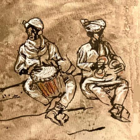 Gwana musicians in Khamlia, Morocco playing a 3-stringed percussive lute, drum and metal castanets.